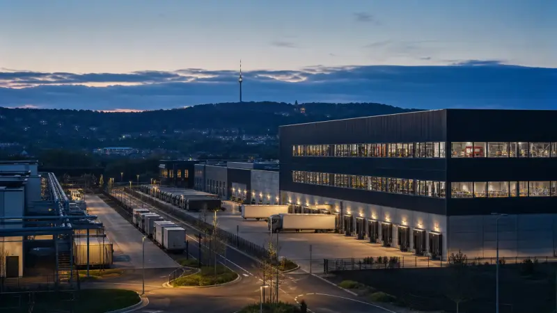 Industrielogistik in Stuttgart mit Fernsehturm in der blauen Stunde